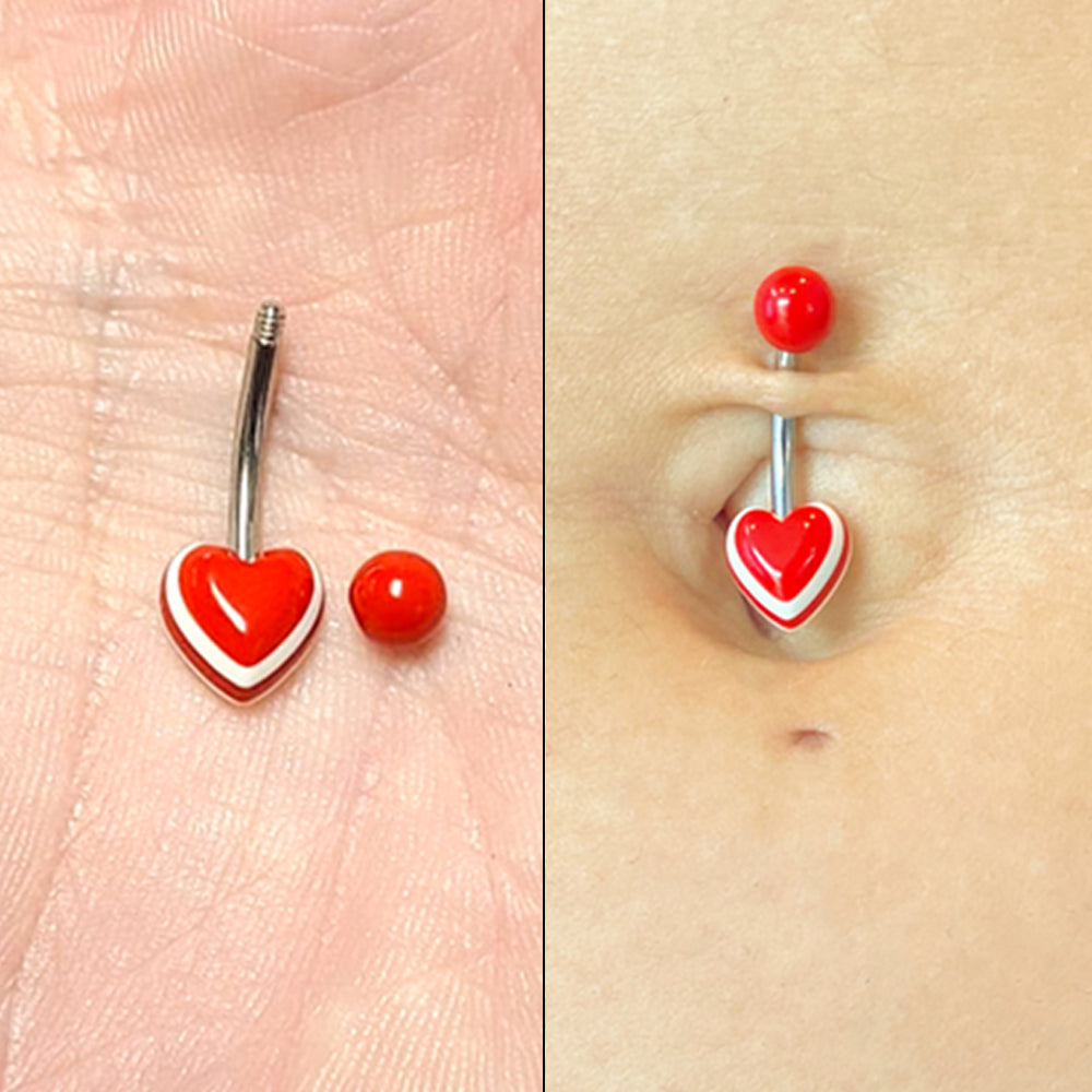 Surgical Steel 14 Gauge Belly Ring with Red White Acrylic Heart - photo 2