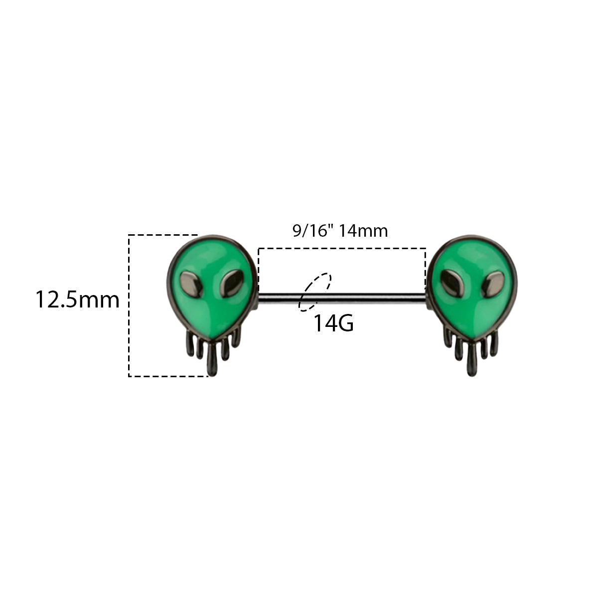 Surgical Steel Nipple Barbell 14G 14mm with Melting Aliens - Pair - photo 2