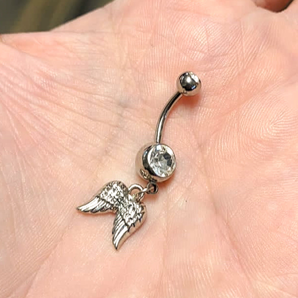 Surgical Steel 14 Gauge Belly Ring with CZ Dangle Angel Wings - photo 2