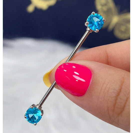 Surgical Steel 14 Gauge Industrial Barbell with Prong Aqua CZ