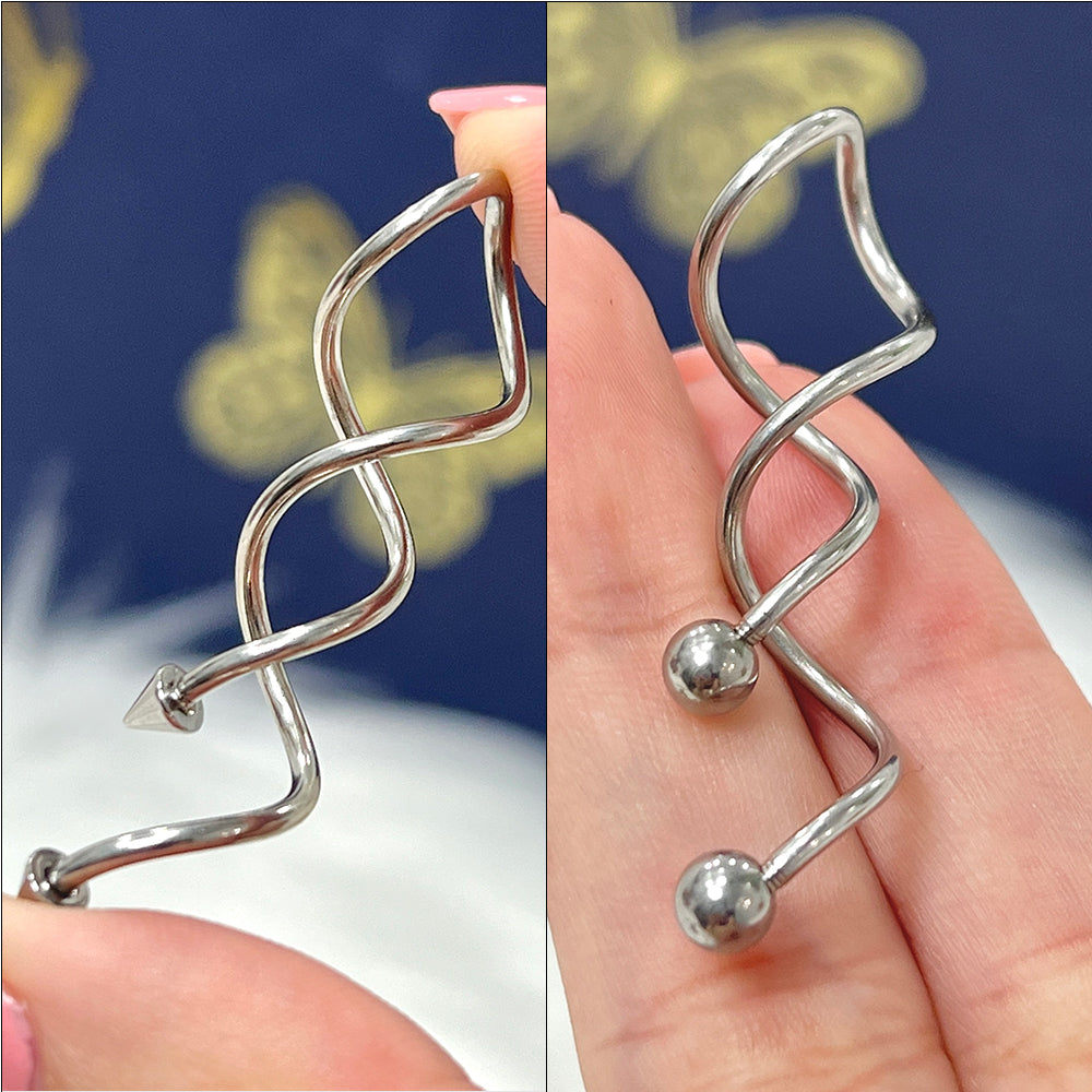 Surgical steel spiral industrial barbell with ball and spike ends