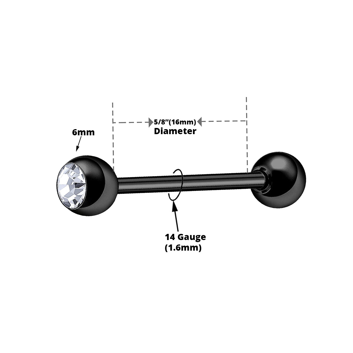 Surgical Steel 14 Gauge Black PVD Tongue Barbell with CZ Jewel - photo 2
