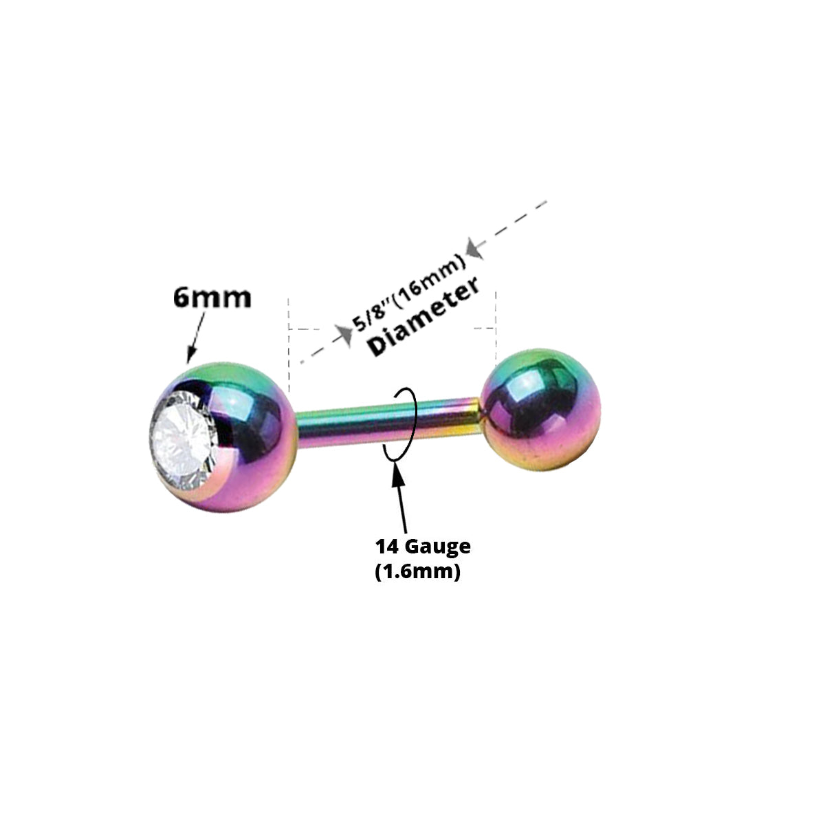 Titanium Tongue Barbell 14 Gauge 15mm with Multi-Color CZ - photo 2