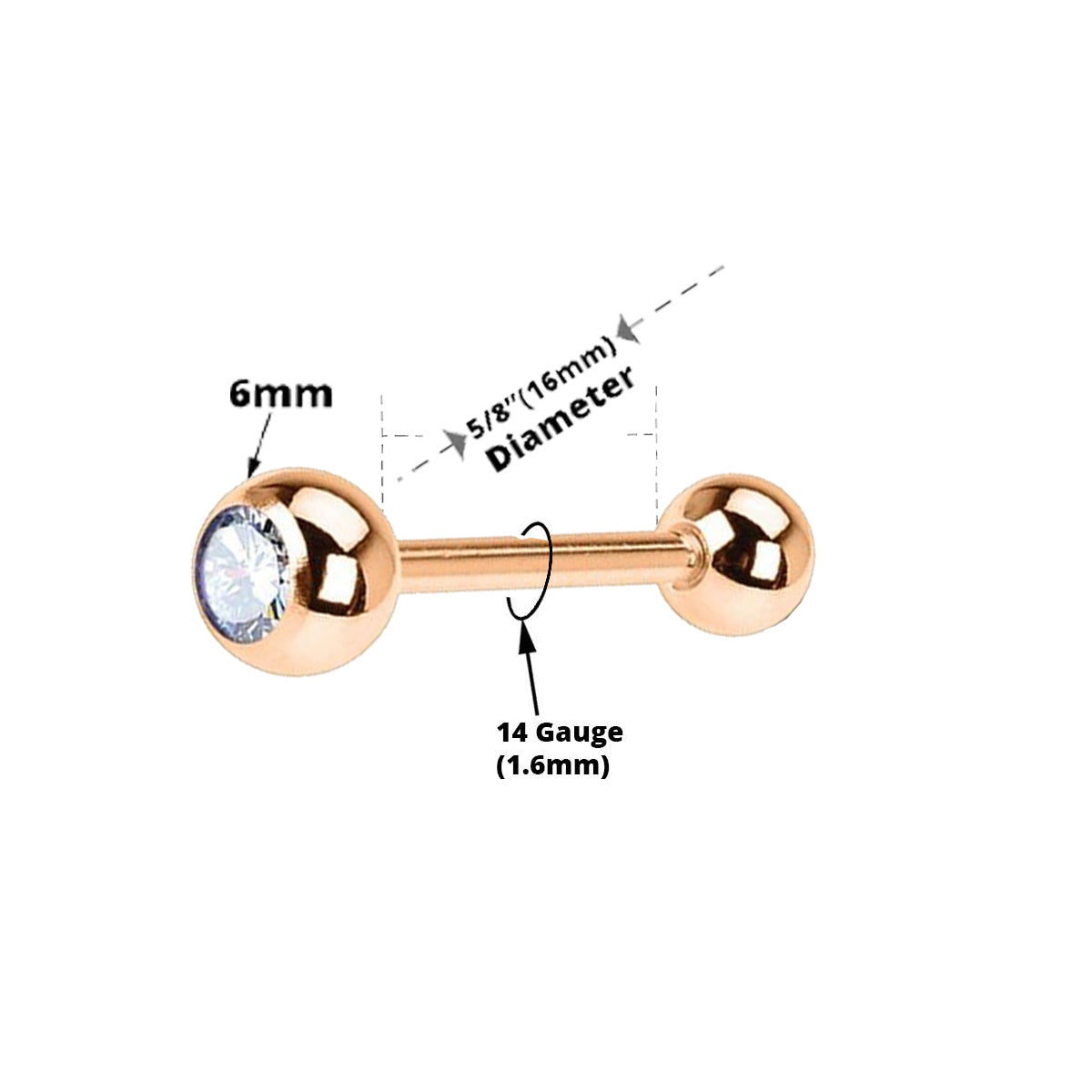 Titanium Tongue Barbell 14 Gauge 15mm with Rose Gold CZ - photo 2
