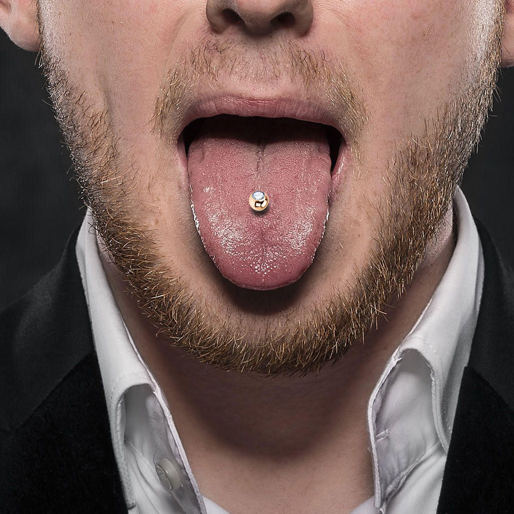 Titanium Tongue Barbell 14 Gauge 15mm with Rose Gold CZ - photo 3