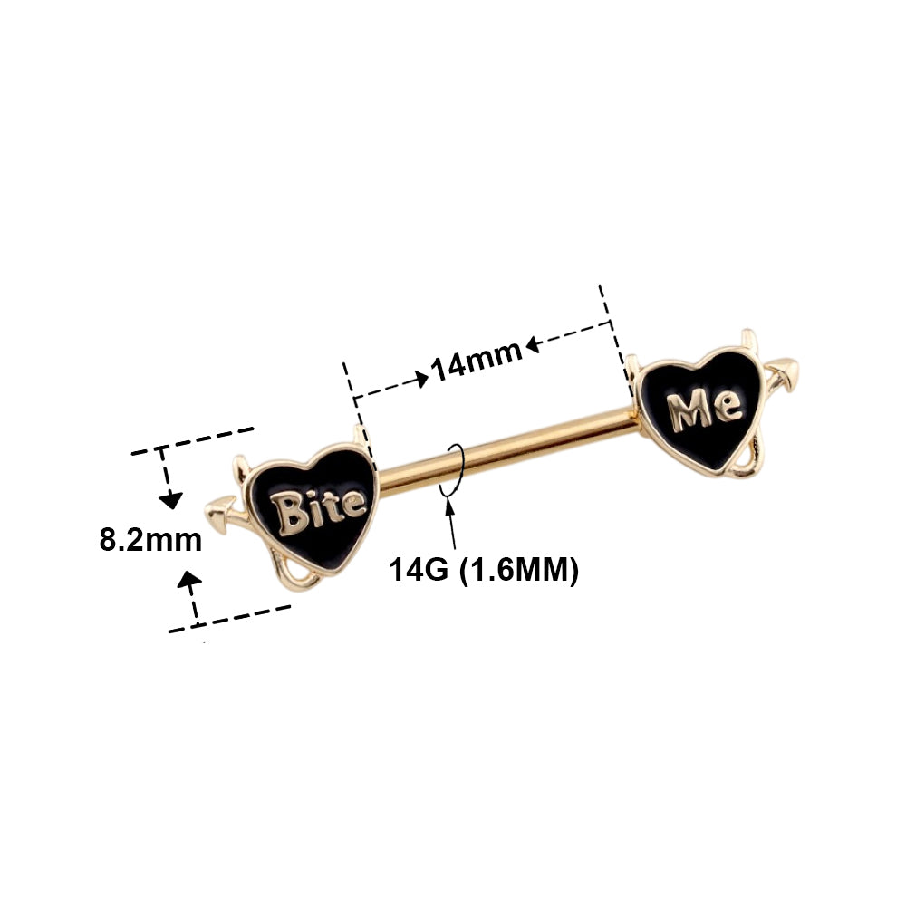 Surgical Steel 14 Gauge Nipple Barbell Heart with Bite Me Shape - Pair