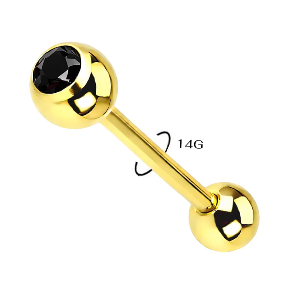 Surgical Steel 14 Gauge Gold Tongue Barbell with Black CZ