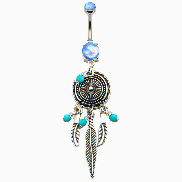 Surgical Steel 14 Gauge Dangle Belly Ring with Dreamcatcher Opal - photo 2