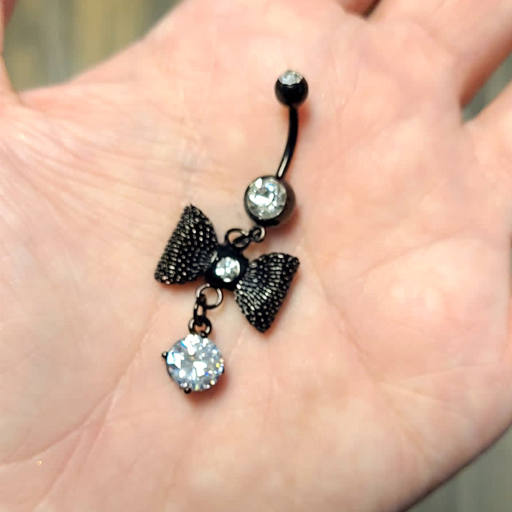 Surgical Steel 14 Gauge Belly Ring with CZ Dangle Bow - photo 2