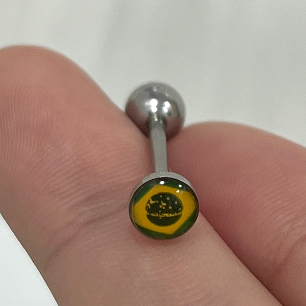 Surgical Steel Tongue Barbell 14 Gauge 15mm with Brazil Flag Logo Top - photo 4