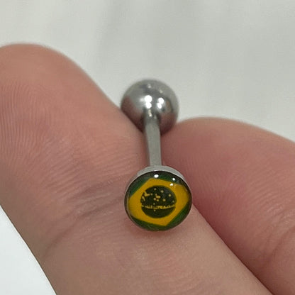 Surgical Steel Tongue Barbell 14 Gauge 15mm with Brazil Flag Logo Top - photo 4