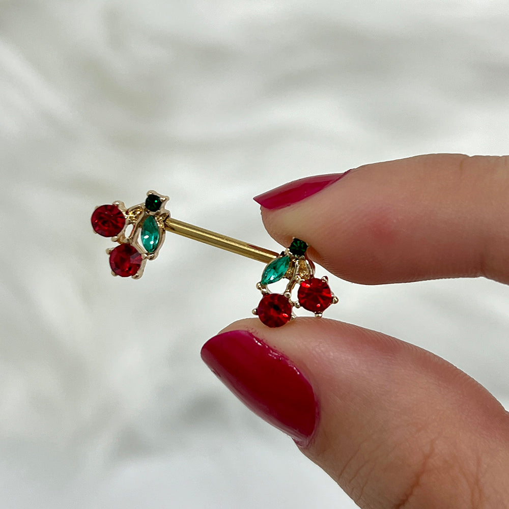 Surgical Steel Nipple Barbell 14G 14mm with Red CZ Cherry - Pair - photo 3