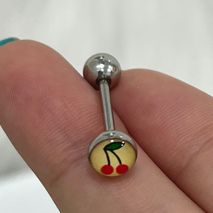 Surgical Steel Tongue Barbell 14 Gauge 15mm with Small Cherry Logo Top - photo 4