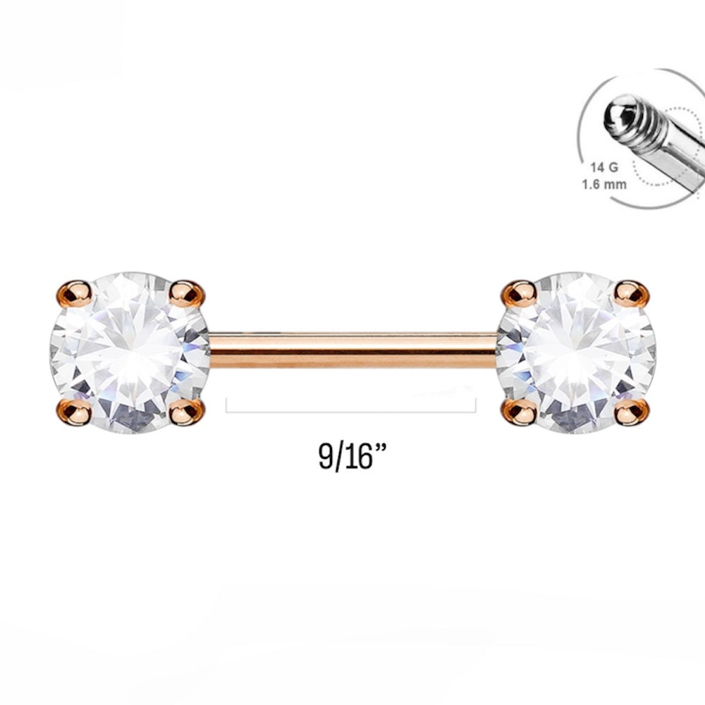 Surgical Steel 14 Gauge Crystal CZ Nipple Barbell - Pair