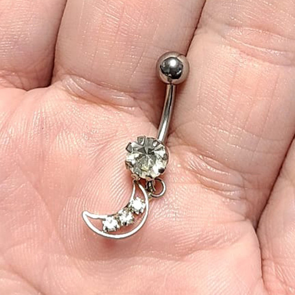 Surgical Steel Dangle Belly Ring 14G 10mm with Crescent Moon CZ - photo 2
