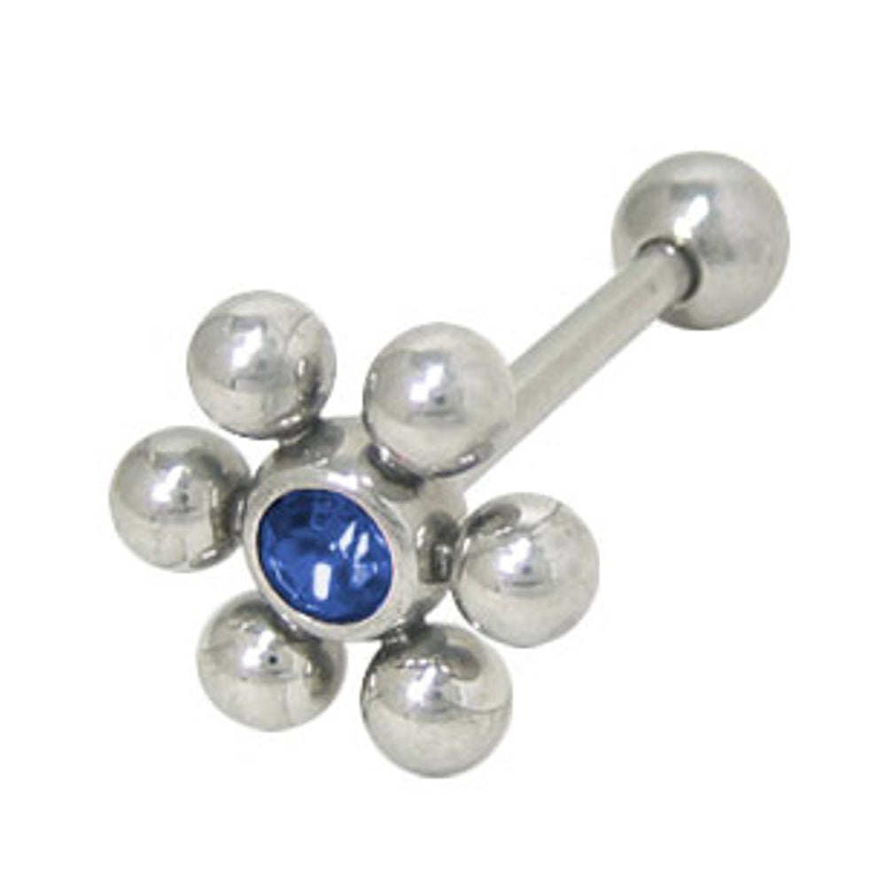 Surgical Steel 14 Gauge Tongue Barbell Blue CZ with Flower