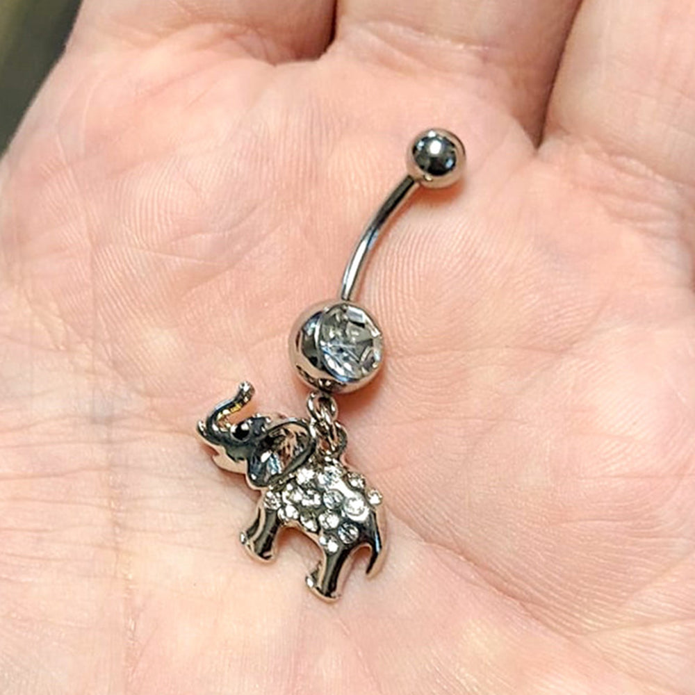 Surgical Steel 14 Gauge Belly Ring with CZ Dangling Elephant - photo 3