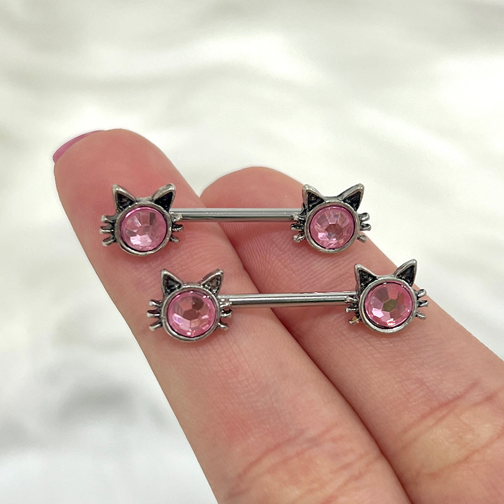 Surgical Steel 14 Gauge Nipple Barbell with Pink CZ Kitty Cat - Pair - photo 4