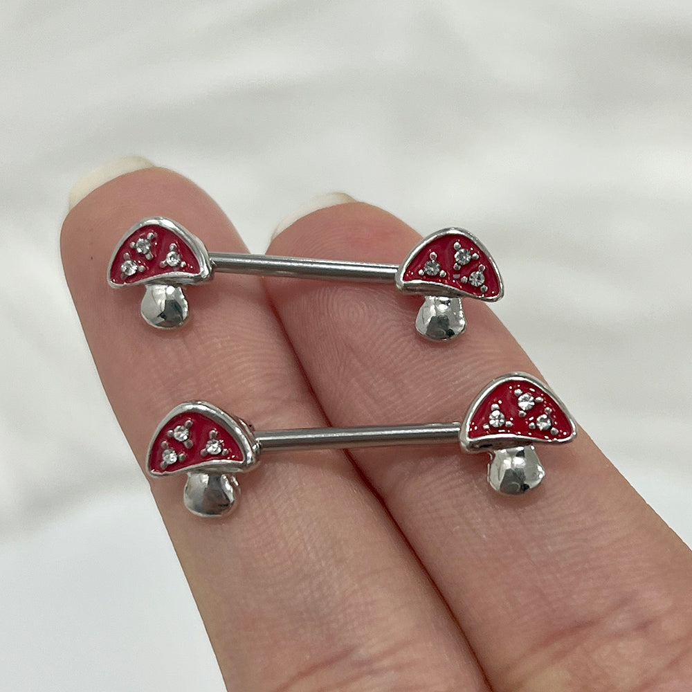 Surgical Steel 14 Gauge CZ Mushroom Nipple Barbell - Pair