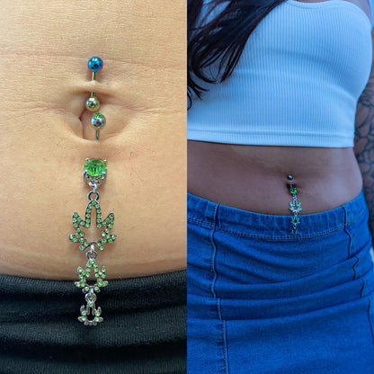 Surgical Steel 14 Gauge Belly Ring with CZ Dangle Pot Leaf - photo 2
