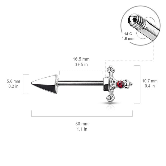 Surgical Steel 14 Gauge Nipple Barbell with Red CZ Dagger - Pair