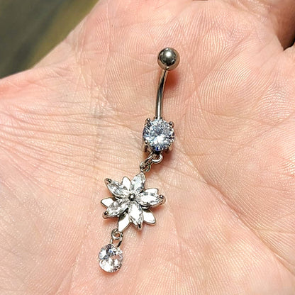 Surgical Steel 14 Gauge Belly Ring with CZ Dangling Flower - photo 2
