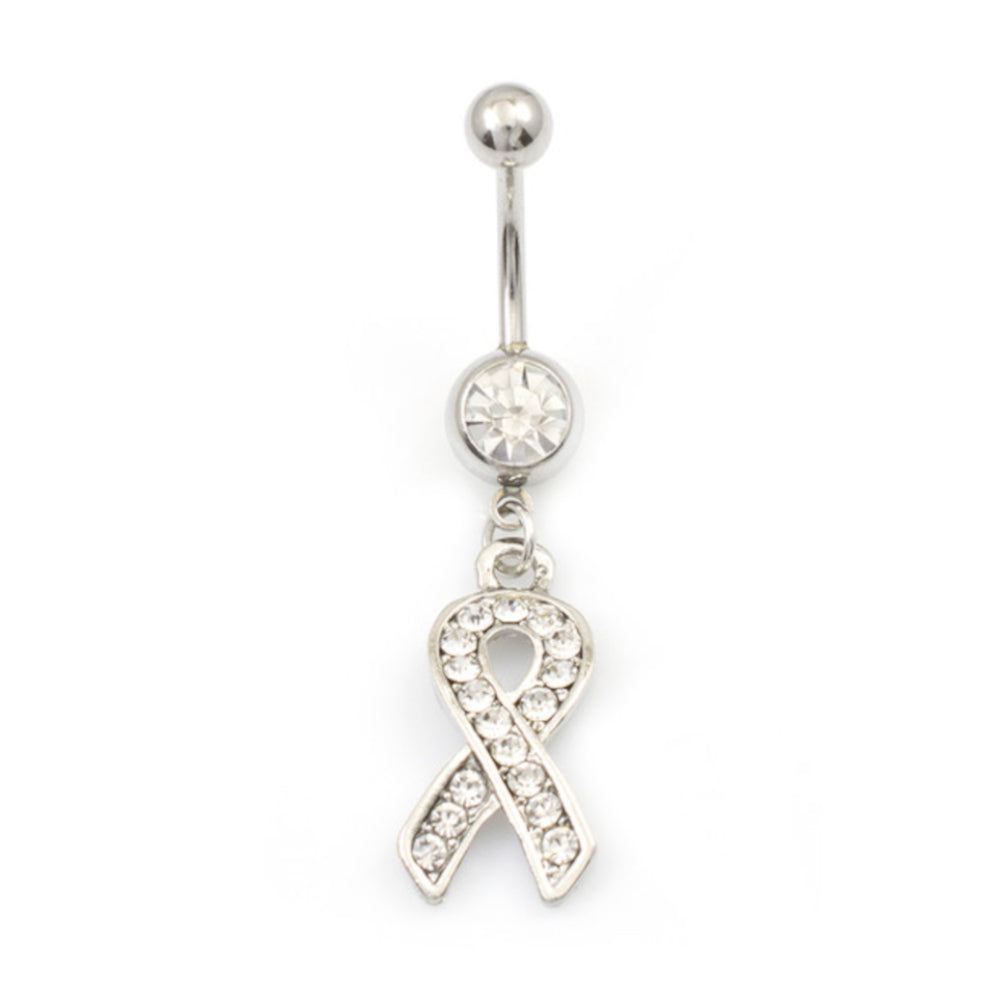 Surgical Steel 14 Gauge Belly Ring with Cancer Awareness CZ Ribbon - photo 4