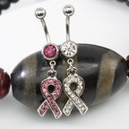 Surgical Steel 14 Gauge Belly Ring Cancer Awareness CZ Ribbon - Pair - photo 2