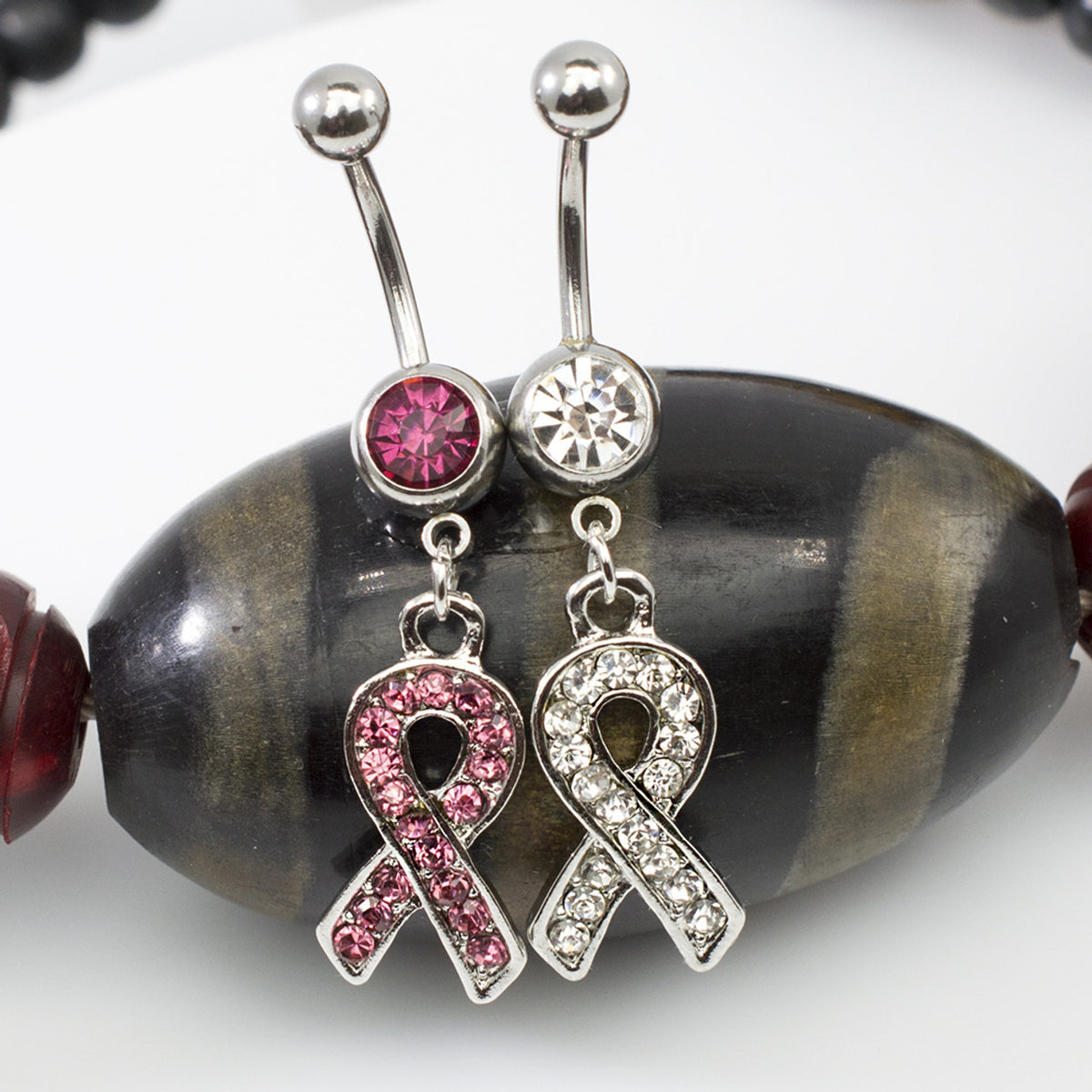 Surgical Steel 14 Gauge Belly Ring Cancer Awareness CZ Ribbon - Pair - photo 2