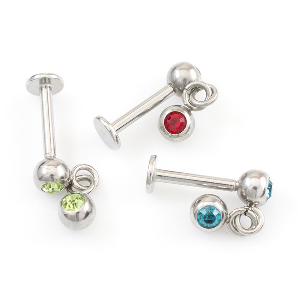 Surgical Steel 14 Gauge Labret Studs with Dangle CZ Ball - 3 Pack