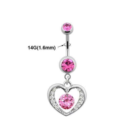 Titanium 14 Gauge Belly Button Ring CZ with Heart Dangle Center