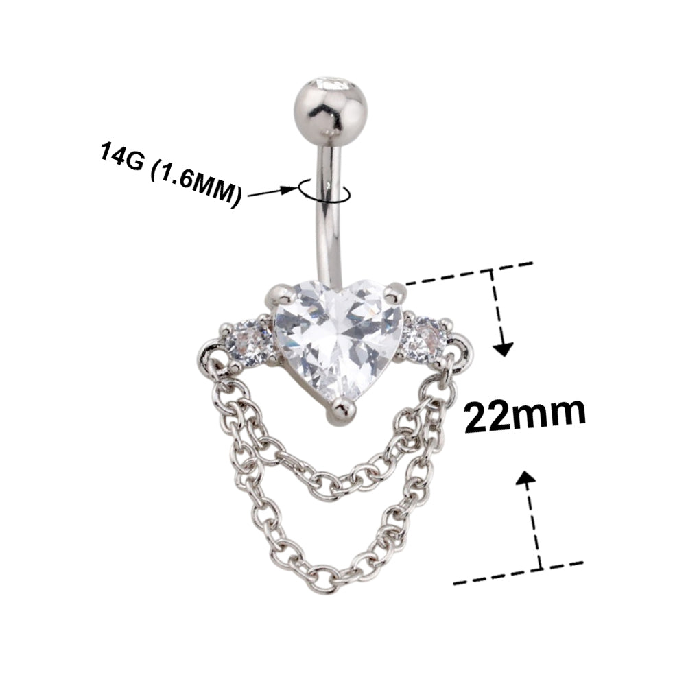 Surgical Steel 14 Gauge Belly Button Ring CZ Heart Chain with Rope