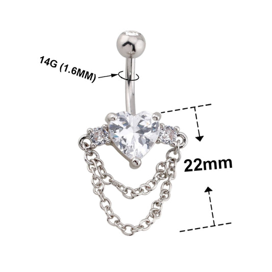 Surgical Steel 14 Gauge Belly Button Ring CZ Heart Chain with Rope