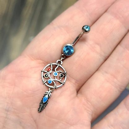 Surgical Steel Dangle Belly Ring 14G 10mm with Blue CZ Dreamcatcher - photo 2