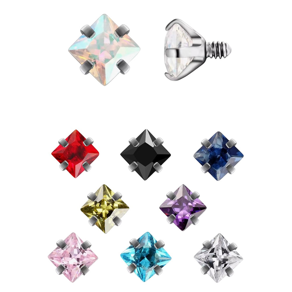 Surgical Steel 14 Gauge CZ Dermal Anchor Top with Prong Square Gems