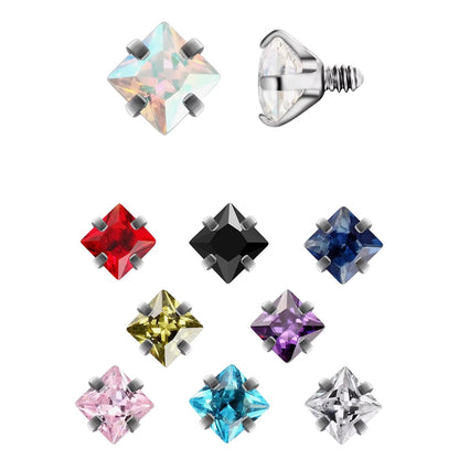 Surgical Steel 14 Gauge CZ Dermal Anchor Top with Prong Square Gems