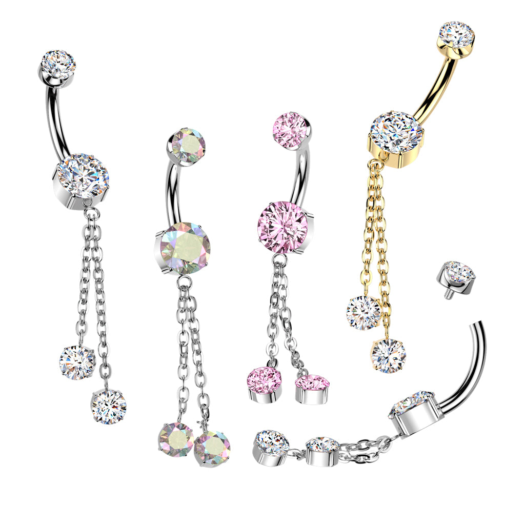 Titanium Belly Ring 14G 10mm with Double Chain Dangle CZ - photo 3
