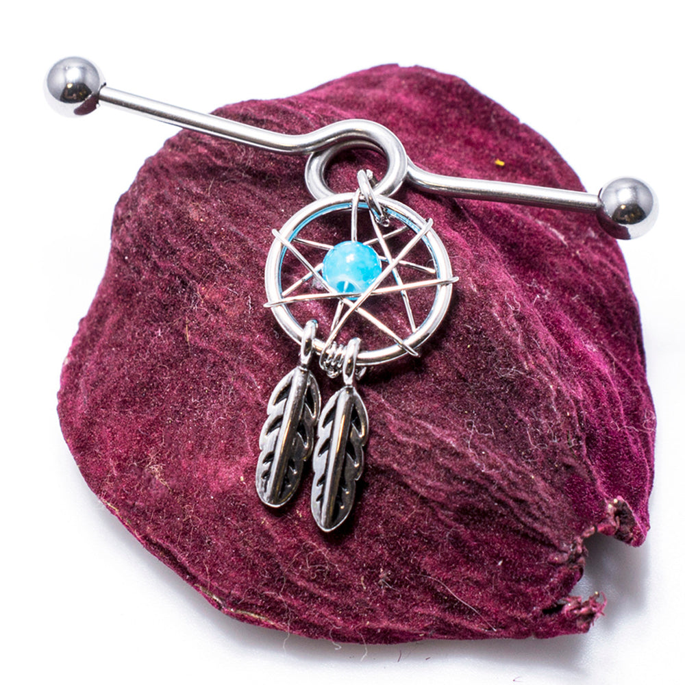 Surgical Steel 14 Gauge Industrial Barbell with Dangle Dream Catcher - photo 3