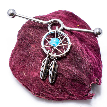 Surgical Steel 14 Gauge Industrial Barbell with Dangle Dream Catcher - photo 3