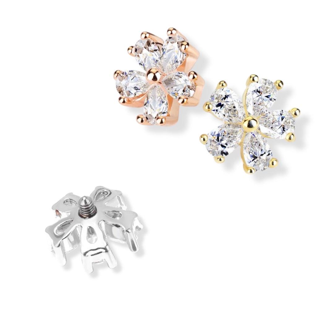 Surgical Steel Prong Set Five Pear CZ Flower Dermal Top
