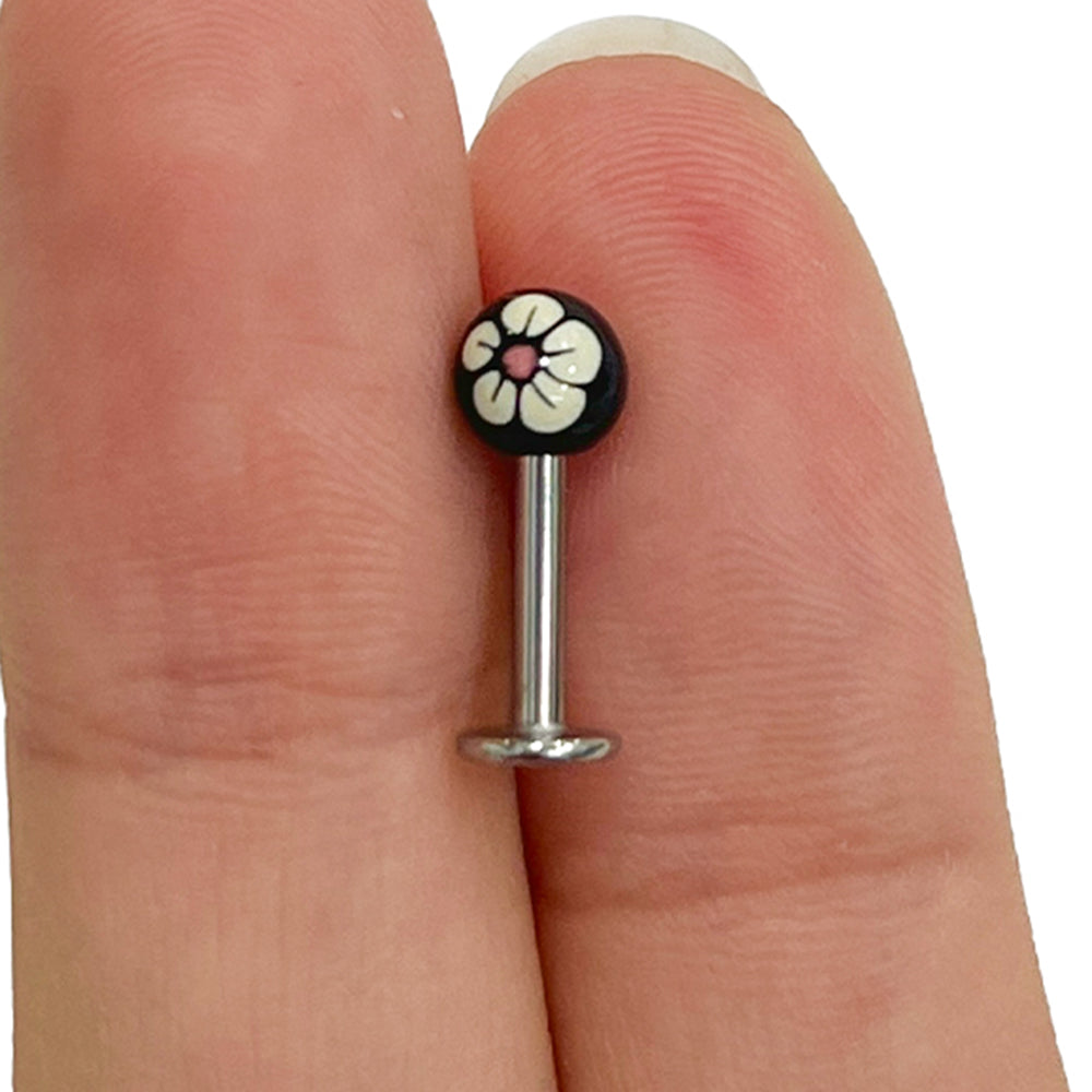 Surgical Steel Flat Back Labret 14G with Hand Painted Flower Balls - photo 2