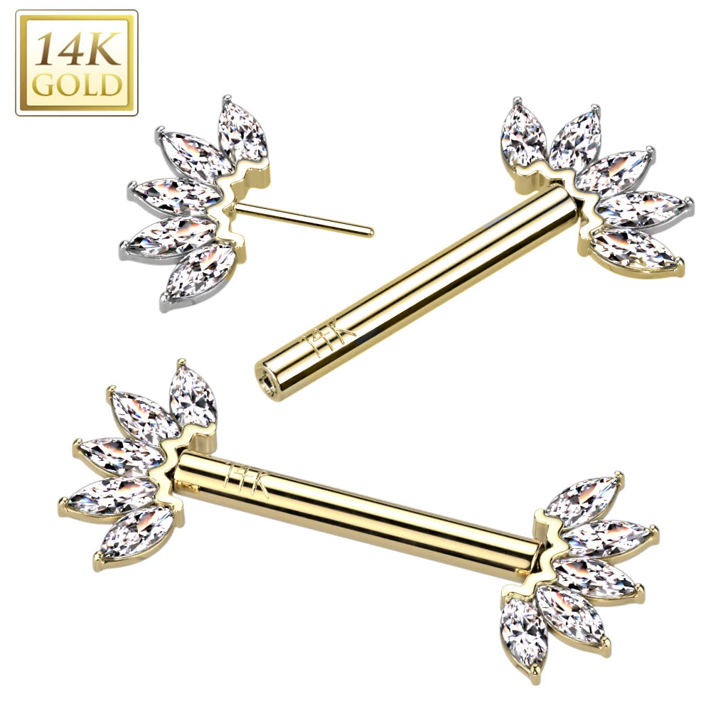 14 Karat Solid Gold Nipple Ring Barbell 14 Gauge & Threadless Fan CZ