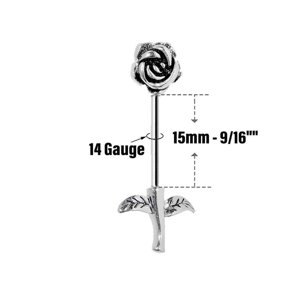Surgical Steel 14 Gauge Long Stem Rose Nipple Barbell - Pair