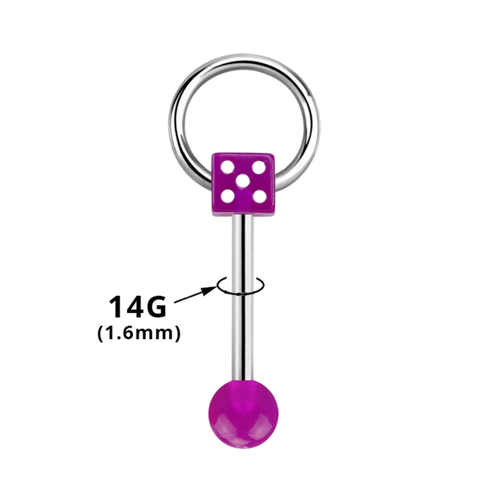 Surgical steel tongue barbell with glow-in-the-dark dice