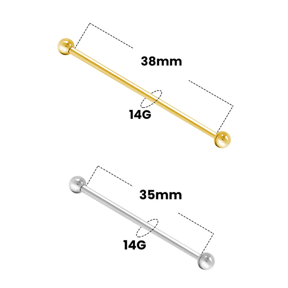 14K Solid Gold 14 Gauge Industrial Barbell with 4mm Balls - photo 2
