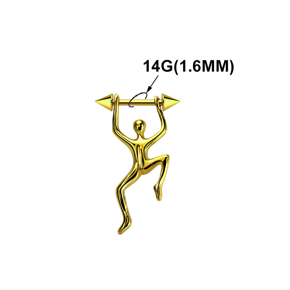 Surgical Steel 14 Gauge Nipple Barbell with Gold Climbing Figure - Pair
