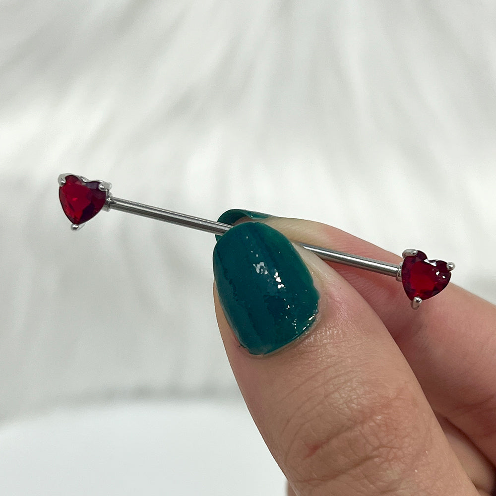 Surgical Steel 14 Gauge Industrial Barbell with Red CZ Heart - photo 3