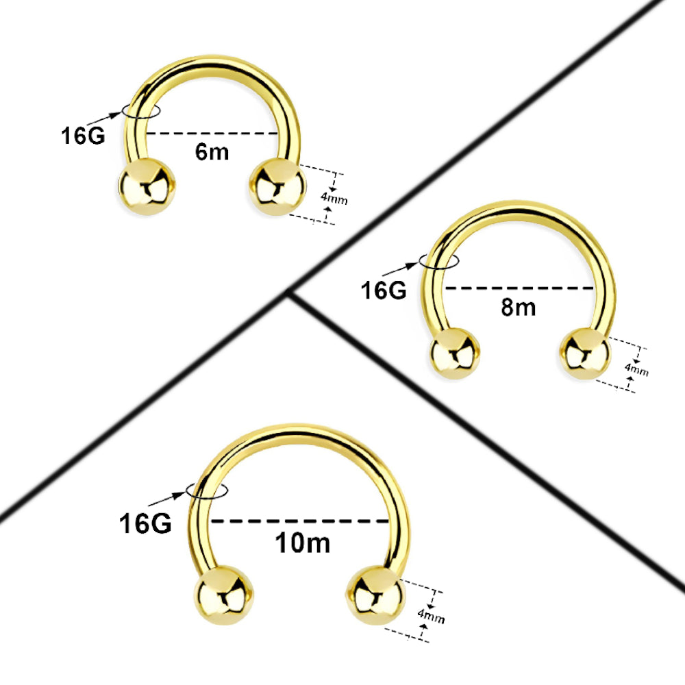 14K Solid Gold Horseshoe Circular Barbell 16G with 3mm Balls - photo 2