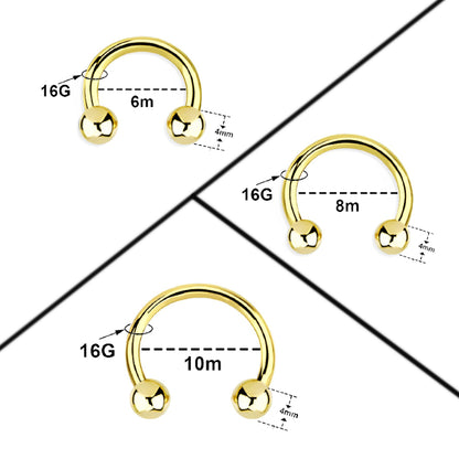 14K Solid Gold Horseshoe Circular Barbell 16G with 3mm Balls - photo 2