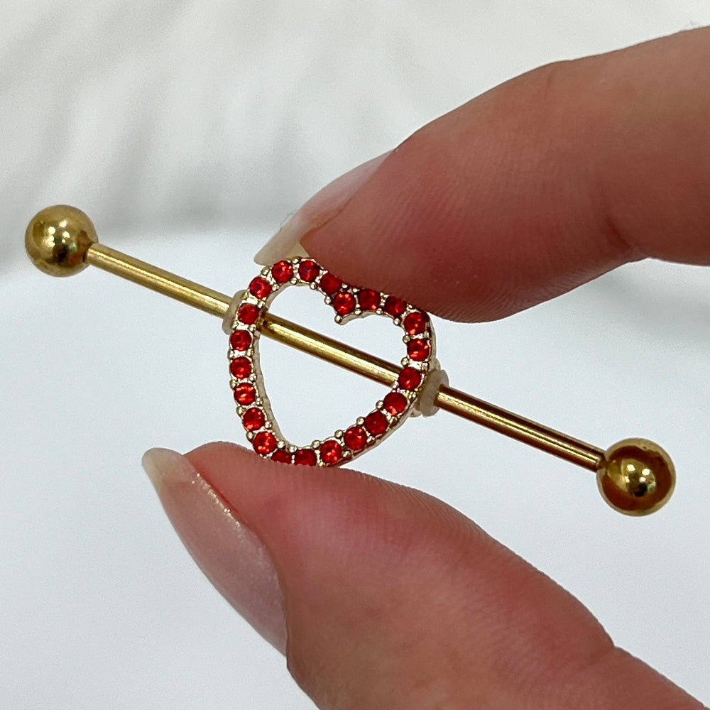 Surgical Steel 14 Gauge Industrial Barbell with PVD Gold Red CZ Heart - photo 4